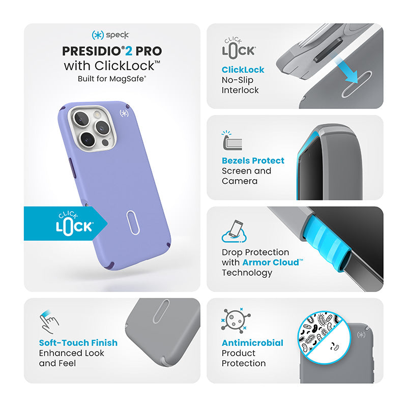 Speck Presidio2 Pro ClickLock &amp; MagSafe - Hoesje voor iPhone 16 Pro (Future Lavender / Cassis Purple / Wit)