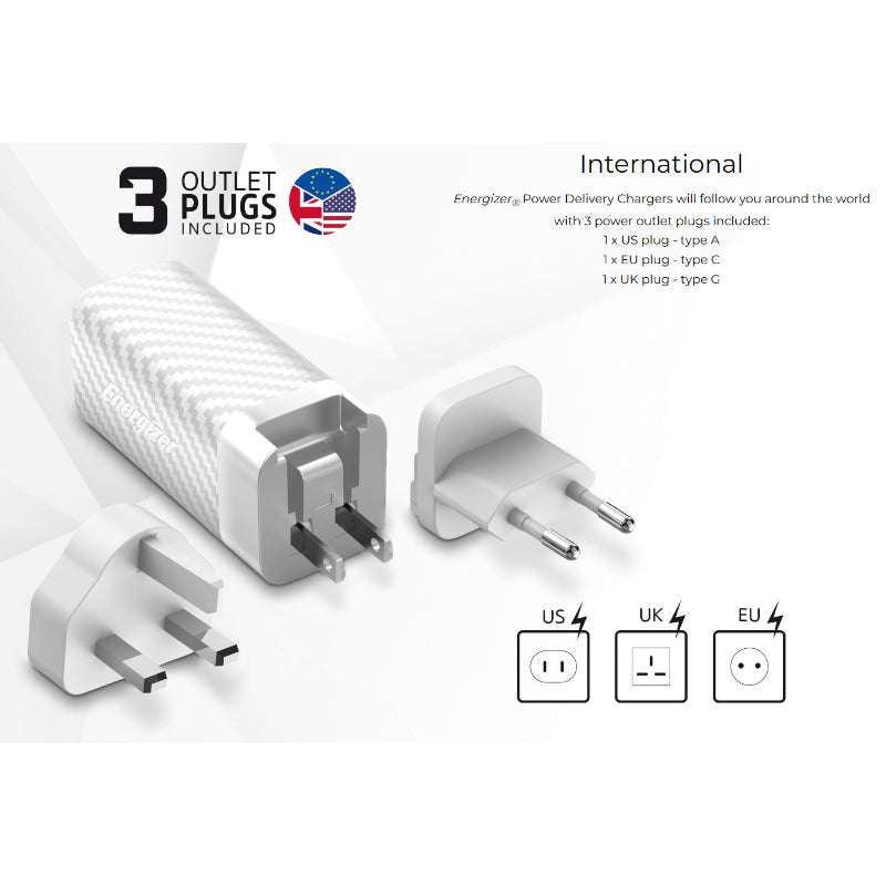 Energizer Ultimate – Multiplug EU/UK/US GaN USB-C &amp; USB-A 65W PD-Netzladegerät + USB-C-Kabel (Schwarz)