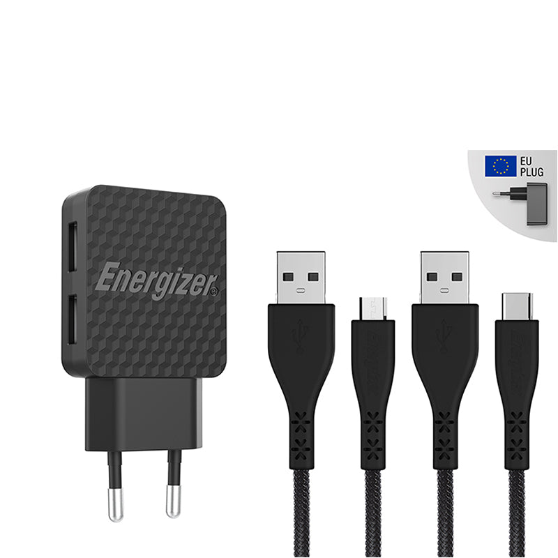 Energizer HardCase – 2x USB-A 12W Netzladegerät + USB-C &amp; Micro-USB-Kabel (Schwarz)