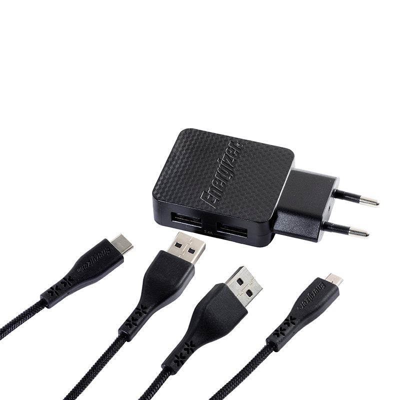 Energizer HardCase – 2x USB-A 12W Netzladegerät + USB-C &amp; Micro-USB-Kabel (Schwarz)