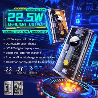 WEKOME WP-333 Vanguard-Serie – Powerbank 10000 mAh Super Charging PD 20 W + QC 22,5 W (Schwarz/Transparent)