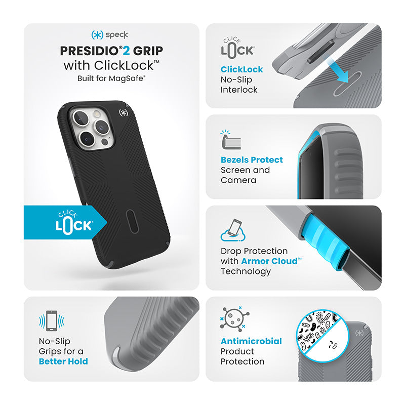 Speck Presidio2 Grip ClickLock &amp; MagSafe - Hoesje voor iPhone 16 Pro (Zwart / Leigrijs / Wit)