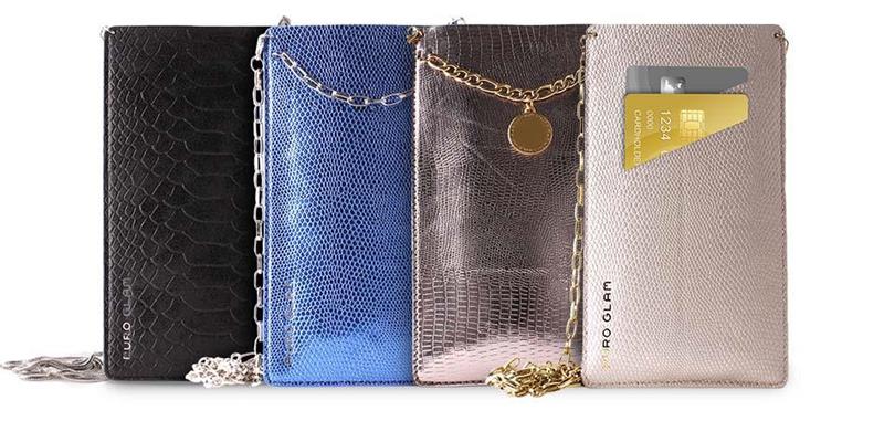 PURO GLAM Chain - Universele case voor smartphones met 2 kaartsleuven met gouden ketting XL (blauw)