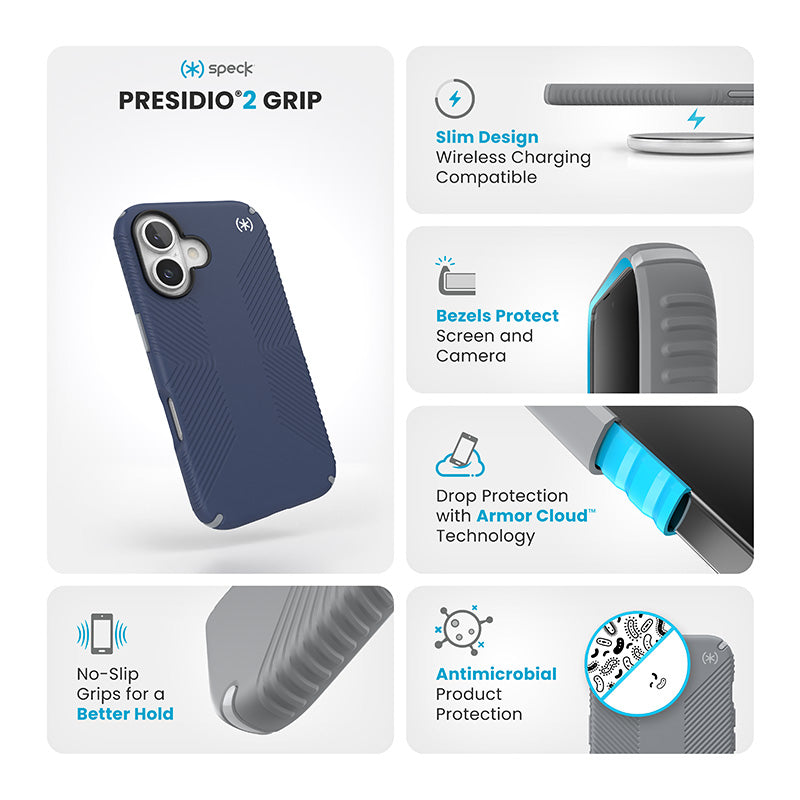 Speck Presidio2 Grip - Hoesje voor iPhone 16 (Kustblauw / Stofgrijs / Wit)