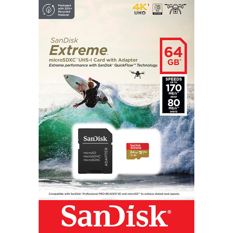 SanDisk Extreme microSDXC - Geheugenkaart 64 GB A2 V30 UHS-I U3 170/80 MB/s met adapter