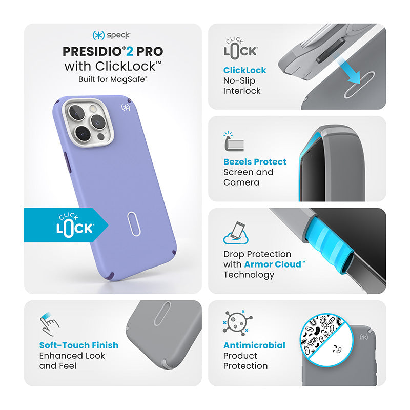 Speck Presidio2 Pro ClickLock &amp; MagSafe - Hoesje voor iPhone 16 Pro Max (Future Lavender / Cassis Purple / Wit)