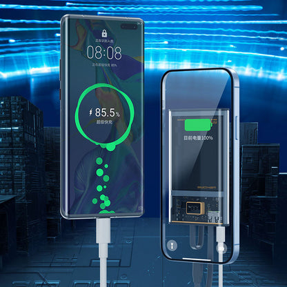 WEKOME WP-325 Vanguard Series – Powerbank 20000 mAh Super Charging mit integriertem USB-C &amp; Lightning PD 20W Kabel + QC 22,5W (Schwarz / Transparent)