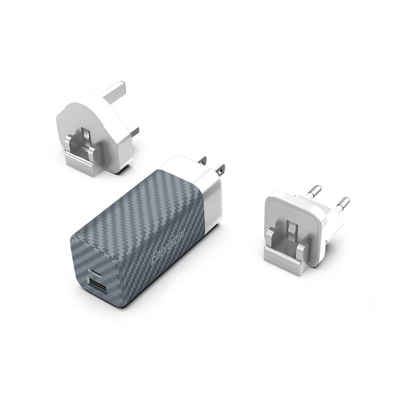 Energizer Ultimate – Multiplug EU/UK/US GaN USB-C &amp; USB-A 65W PD-Netzladegerät (Silber)