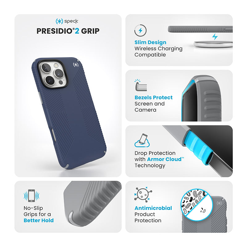 Speck Presidio2 Grip - Hoesje voor iPhone 16 Pro Max (Kustblauw / Stofgrijs / Wit)