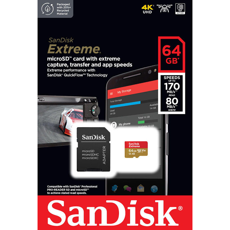 SanDisk Extreme microSDXC - Speicherkarte 64 GB A2 V30 UHS-I U3 170/80 MB/s mit Adapter