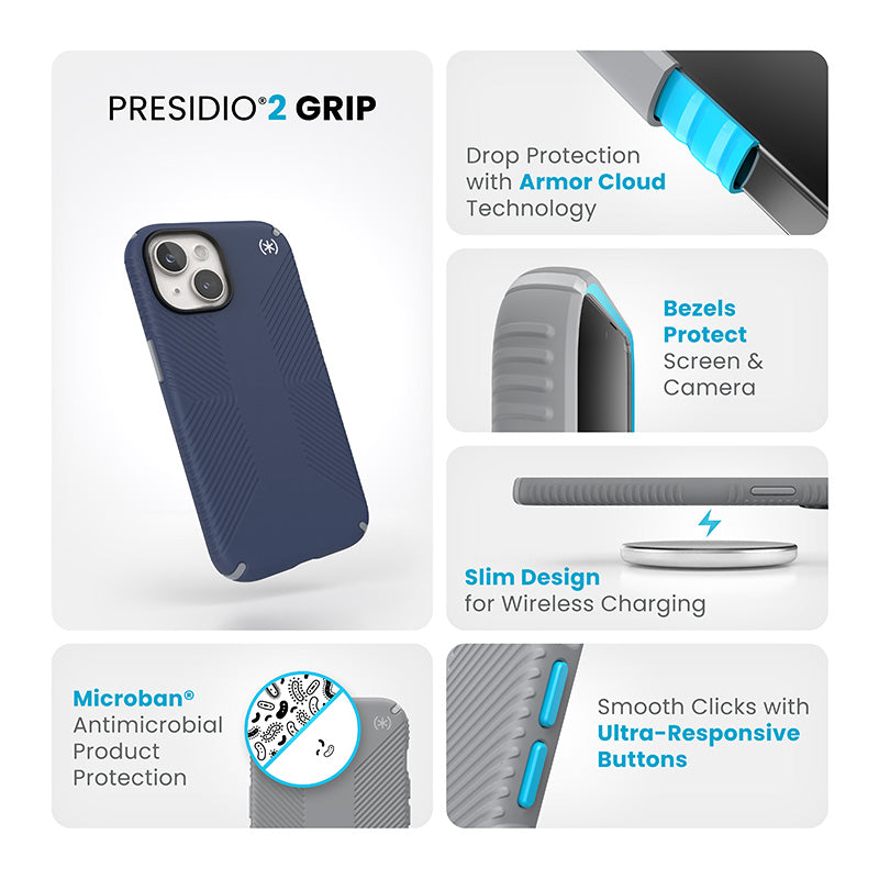 Speck Presidio2 Grip - Case for iPhone 15 / iPhone 14 / iPhone 13 (Coastal Blue / Dustgrey / White)