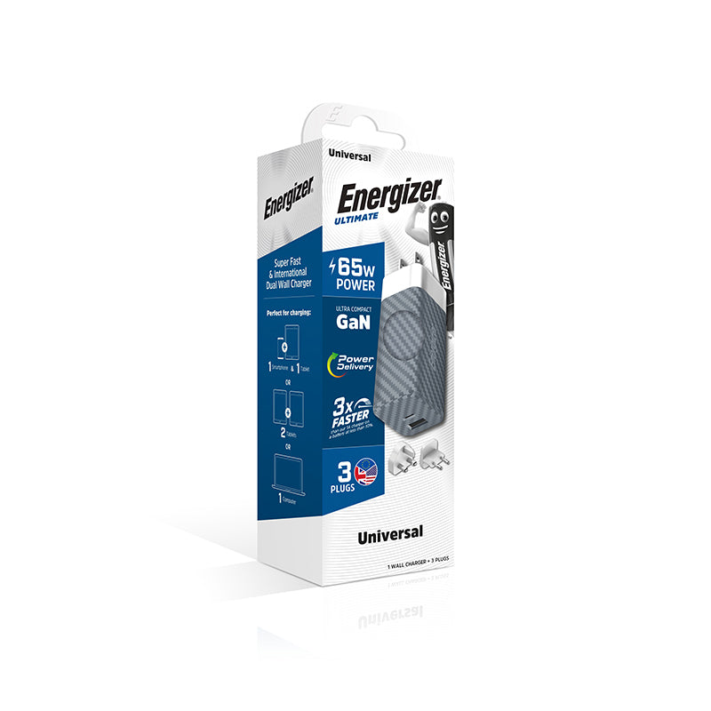 Energizer Ultimate – Multiplug EU/UK/US GaN USB-C &amp; USB-A 65W PD-Netzladegerät (Silber)