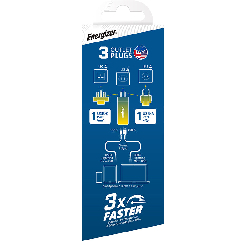 Energizer Ultimate – Multiplug EU/UK/US GaN USB-C &amp; USB-A 65W PD-Netzladegerät (Silber)