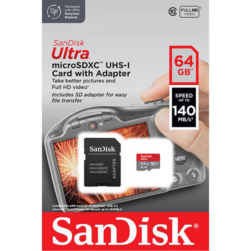 SanDisk Ultra microSDXC – Speicherkarte 64 GB A1 Klasse 10 UHS-I 140 MB/s mit Adapter