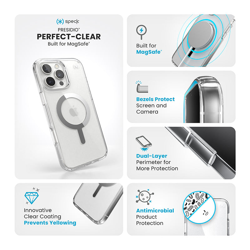 Speck Presidio Perfect-Clear MagSafe - Hoesje voor iPhone 16 Pro Max (Transparant / Chromen afwerking / Serene Silver)