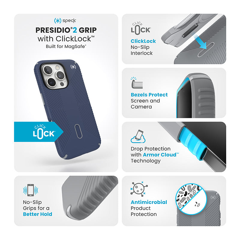 Speck Presidio2 Grip ClickLock &amp; MagSafe - Hoesje voor iPhone 16 Pro (Coastal Blue / Dust Grey / Wit)