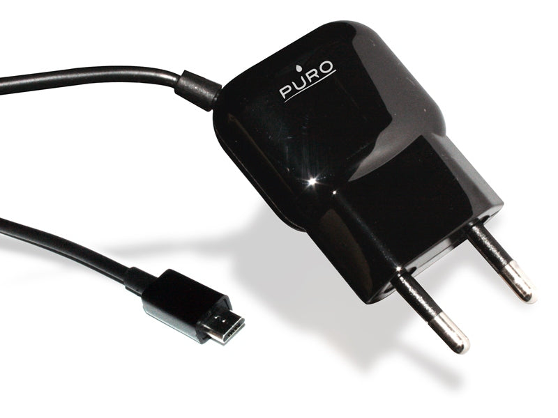 PURO Mini-Reiseladegerät – tragbares Wandladegerät mit Micro-USB-Kabel (schwarz)