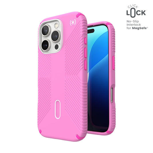 Speck Presidio2 Grip ClickLock &amp; MagSafe - Hoesje voor iPhone 16 Pro (True Pink / Shocking Pink / Wit)