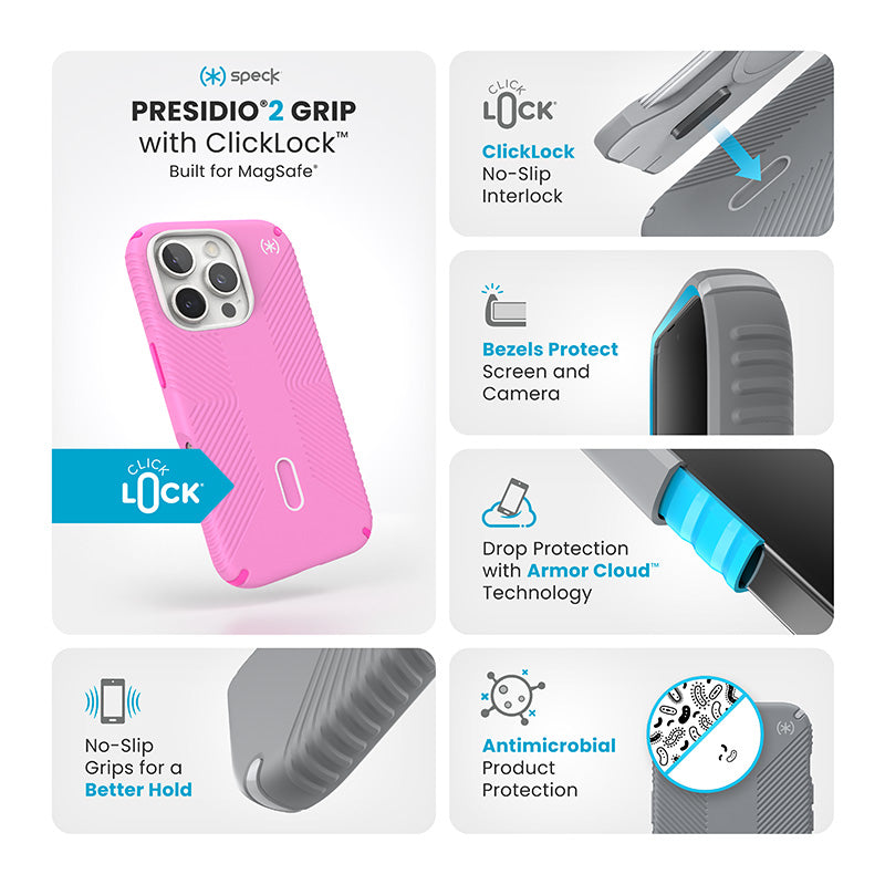 Speck Presidio2 Grip ClickLock &amp; MagSafe - Hoesje voor iPhone 16 Pro (True Pink / Shocking Pink / Wit)