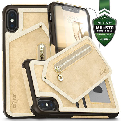 Zizo Nebula Wallet Case – Brieftaschenrückseite und Reißverschlusstasche mit Displayschutzfolie aus gehärtetem Glas für iPhone X (Hellbraun/Braun)