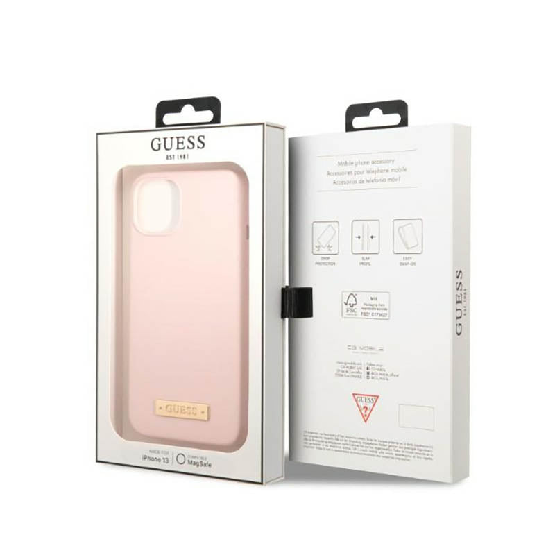 Guess Silikon-Logoplatte MagSafe - Hülle für iPhone 13 Mini (Rosa)