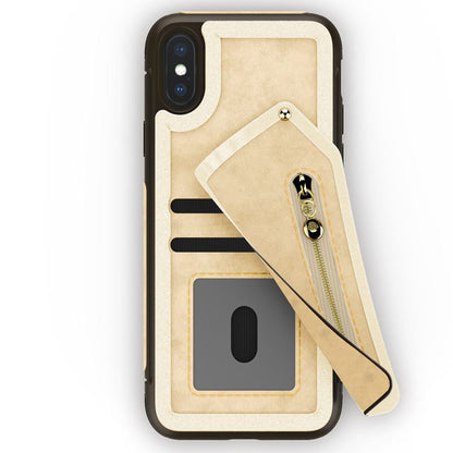 Zizo Nebula Wallet Case – Brieftaschenrückseite und Reißverschlusstasche mit Displayschutzfolie aus gehärtetem Glas für iPhone X (Hellbraun/Braun)