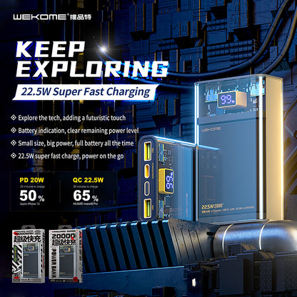 WEKOME WP-321 Vanguard Series – Powerbank 20000 mAh Super Charging PD 20 W + QC 22,5 W (Schwarz/Transparent)