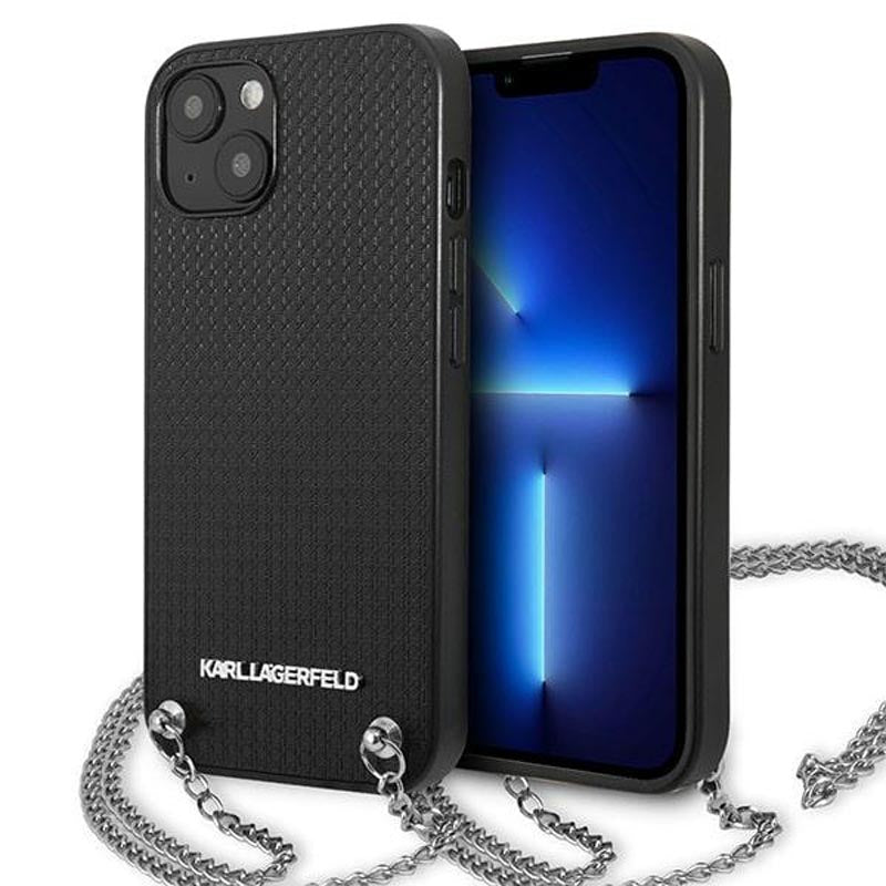 Karl Lagerfeld Lederstruktur und Kette - Hülle für iPhone 13 mini (Schwarz)