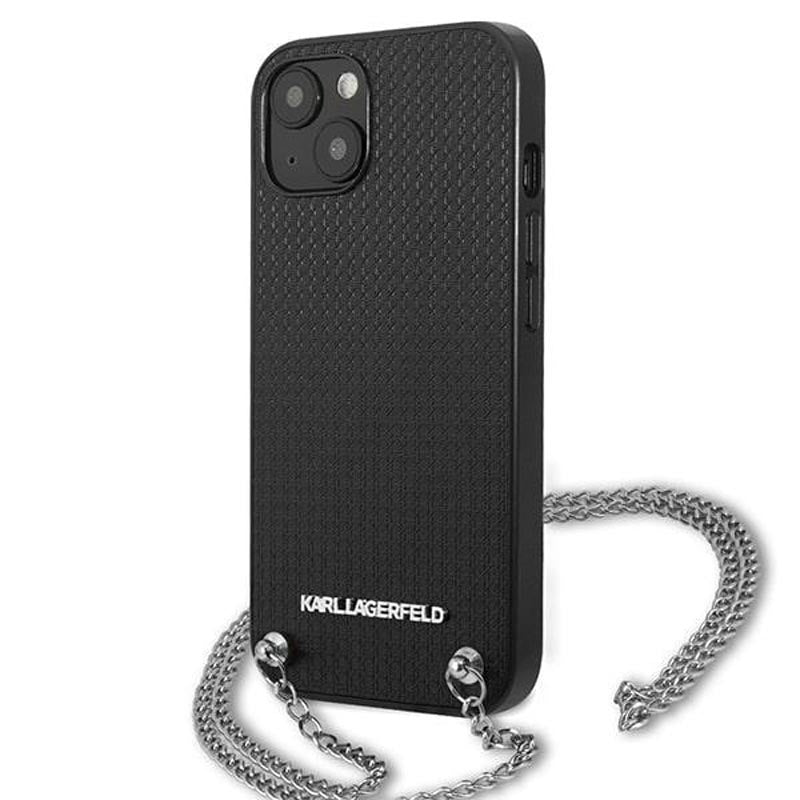 Karl Lagerfeld Lederstruktur und Kette - Hülle für iPhone 13 mini (Schwarz)