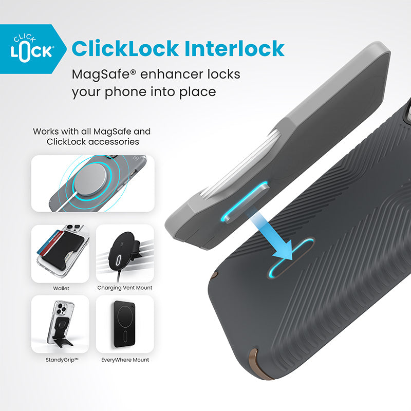 Speck Presidio2 Grip ClickLock &amp; MagSafe - Hoesje voor iPhone 16 Pro (Antracietgrijs / Koel brons / Wit)