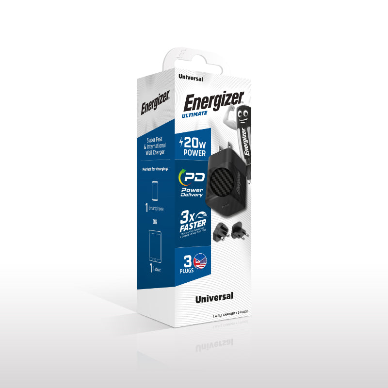 Energizer Ultimate – Multiplug EU/UK/US GaN 20W PD-Netzladegerät (Schwarz)