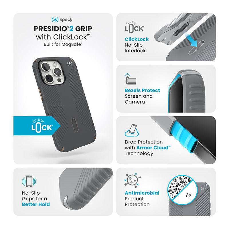 Speck Presidio2 Grip ClickLock &amp; MagSafe - Hoesje voor iPhone 16 Pro (Antracietgrijs / Koel brons / Wit)