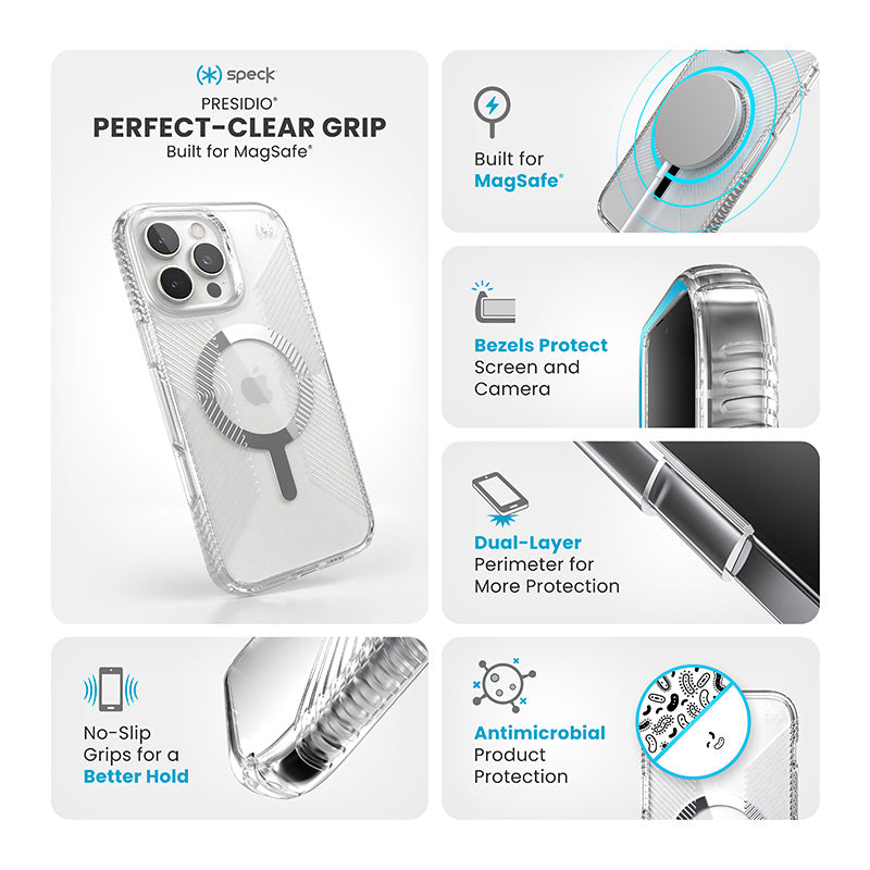 Speck Presidio Perfect-Clear Grip MagSafe - Hoesje voor iPhone 16 Pro Max (Transparant / Chromen afwerking / Serene Silver)