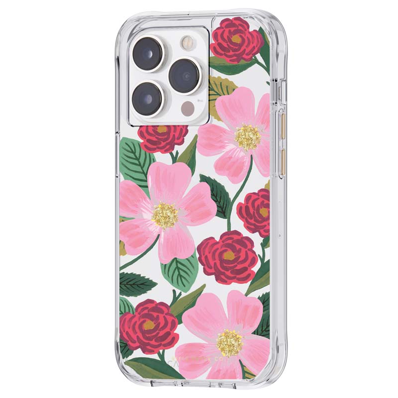 Rifle Paper Clear - Goldverzierte Hülle für iPhone 14 Pro Max (Rose Garden)