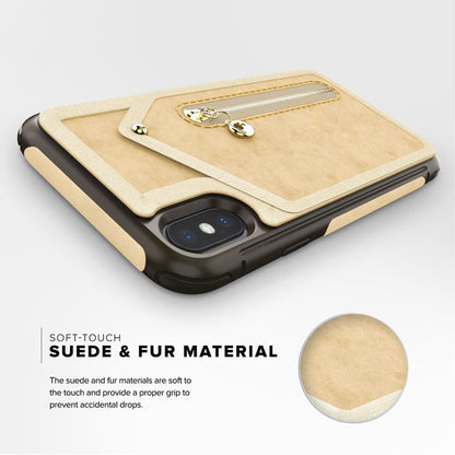 Zizo Nebula Wallet Case – Brieftaschenrückseite und Reißverschlusstasche mit Displayschutzfolie aus gehärtetem Glas für iPhone X (Hellbraun/Braun)