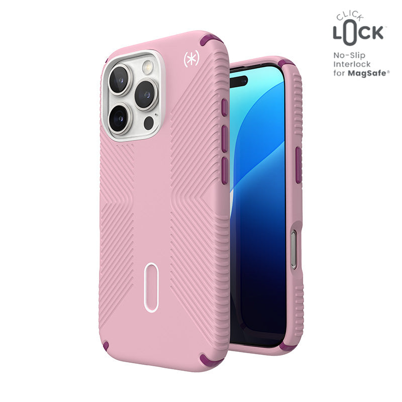 Speck Presidio2 Grip ClickLock &amp; MagSafe - Hoesje voor iPhone 16 Pro (Woensdag Roze / Boysenberry Paars / Wit)