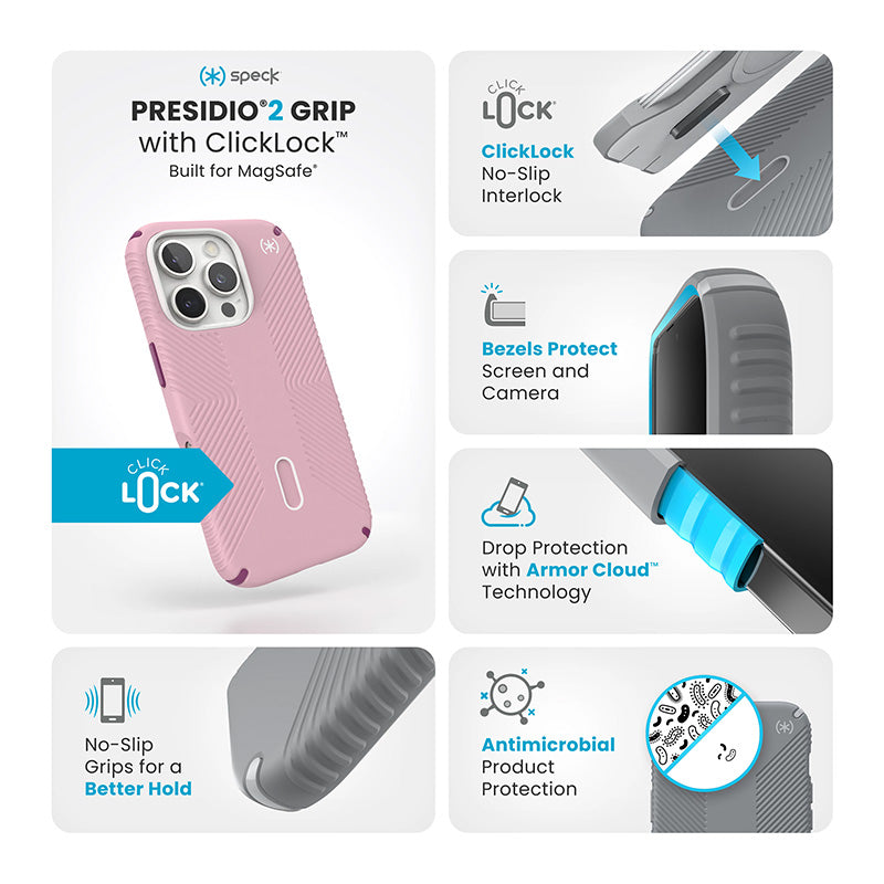 Speck Presidio2 Grip ClickLock &amp; MagSafe - Hoesje voor iPhone 16 Pro (Woensdag Roze / Boysenberry Paars / Wit)