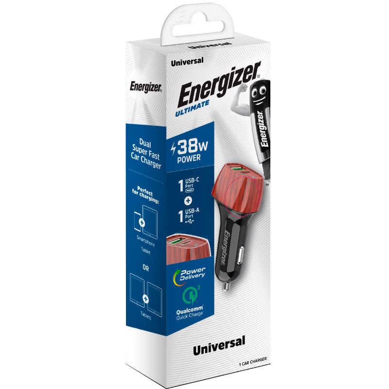 Energizer Ultimate - USB-C &amp; USB-A 38W PD + QC3.0 autolader (WALNOOT)