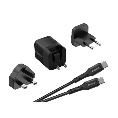 Energizer Ultimate – Multiplug EU/UK/US GaN 20 W PD-Netzladegerät + USB-C-Kabel (schwarz)