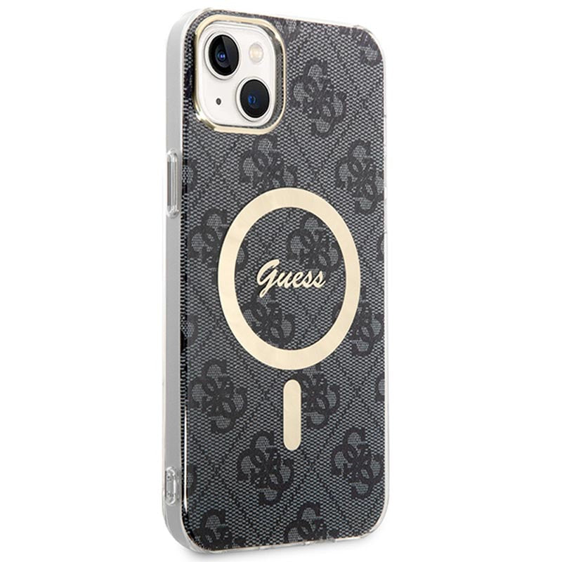 Guess Bundle Pack MagSafe 4G - Set hoesje voor iPhone 14 Plus + MagSafe oplader (Zwart/Goud)