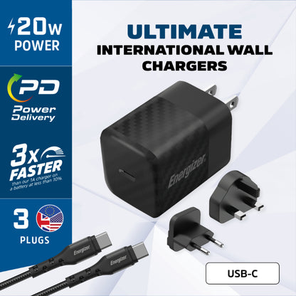 Energizer Ultimate – Multiplug EU/UK/US GaN 20 W PD-Netzladegerät + USB-C-Kabel (schwarz)