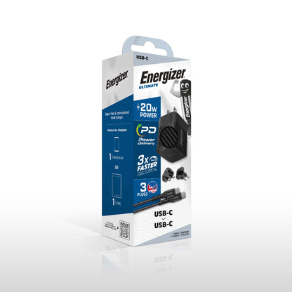 Energizer Ultimate – Multiplug EU/UK/US GaN 20 W PD-Netzladegerät + USB-C-Kabel (schwarz)