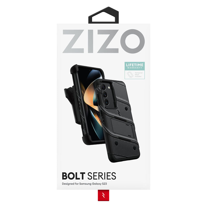 ZIZO BOLT-Serie – Gepanzerte Hülle für Samsung Galaxy S23 mit 9H-Glas für Bildschirm + Halterung mit Ständer (Schwarz)