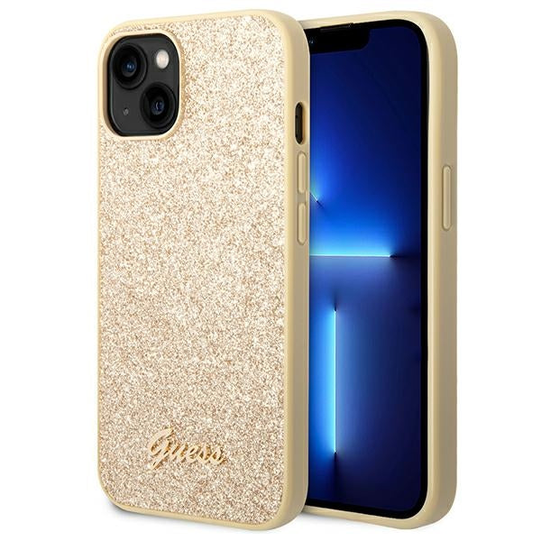 Guess Glitter Flakes Metal Logo-hoesje - hoesje voor iPhone 14 Plus (goud)