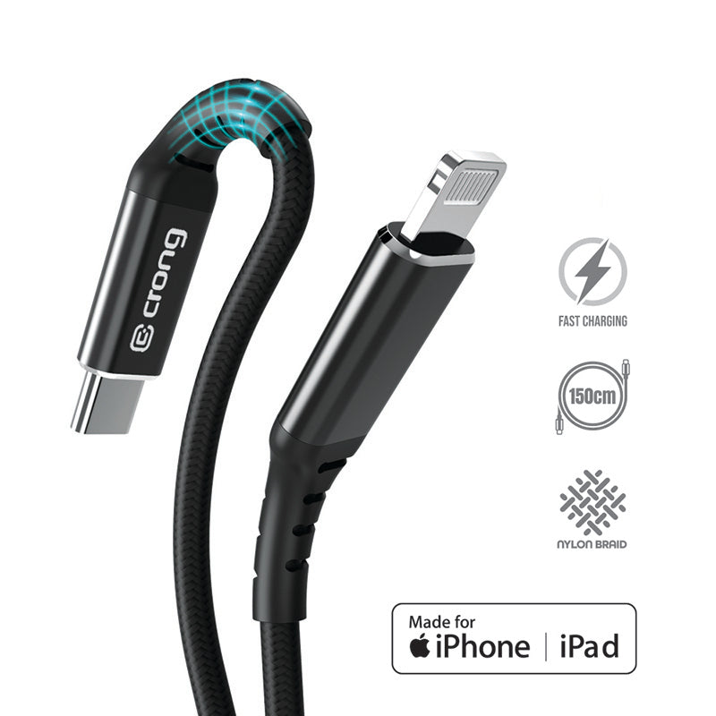 Crong Armor Link – USB-C auf Lightning MFi geflochtenes Kabel 150 cm (schwarz)