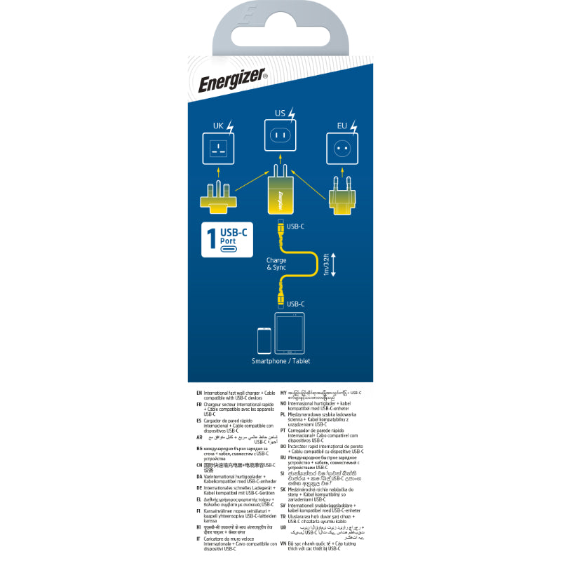 Energizer Ultimate - Multiplug EU / UK / US GaN 20W PD-netlader + USB-C-kabel (zwart)