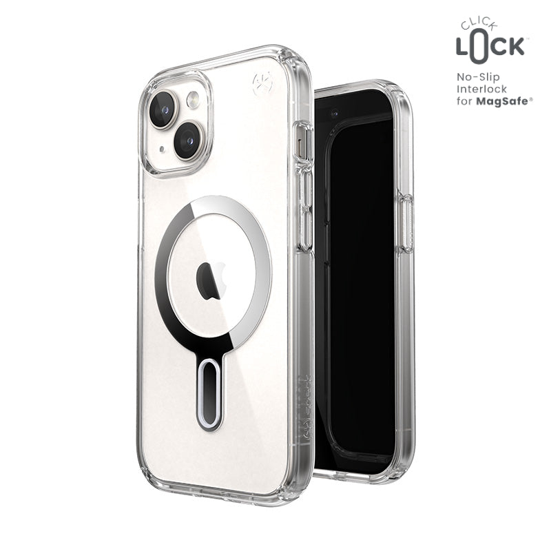 Speck Presidio Perfect-Clear ClickLock & Magsafe - Case for iPhone 15 / iPhone 14 / iPhone 13 (Clear / Chrome Finish / Serene Silver)