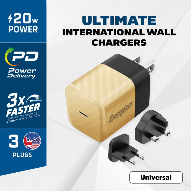 Energizer Ultimate – Multiplug EU/UK/US GaN 20W PD-Netzladegerät (Gold)