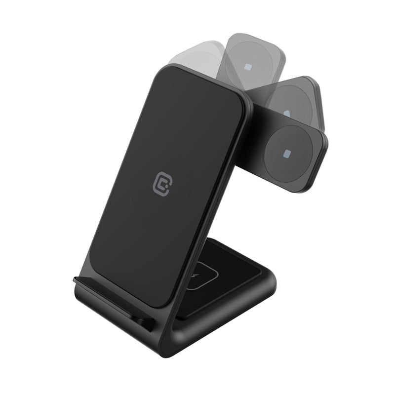 Crong PowerSpot Pivot Stand – 3-in-1 kabelloses Ladegerät für Samsung &amp; Android, Galaxy Watch und TWS-Kopfhörer (schwarz)