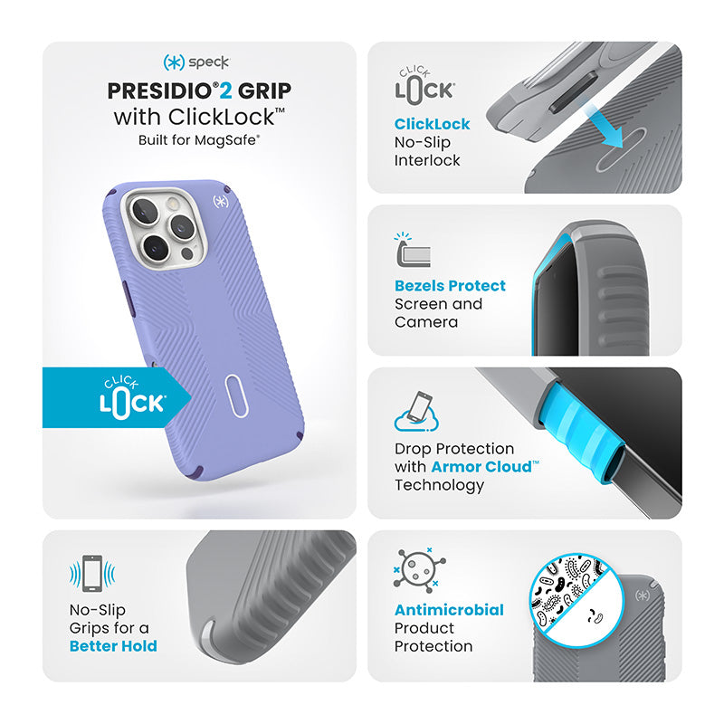 Speck Presidio2 Grip ClickLock &amp; MagSafe - Hoesje voor iPhone 16 Pro (Future Lavender / Cassis Purple / Wit)